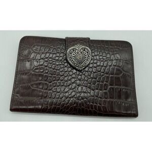 Brighton Brown Bifold Checkbook Wallet Croc Embossed Leather Heart Snap